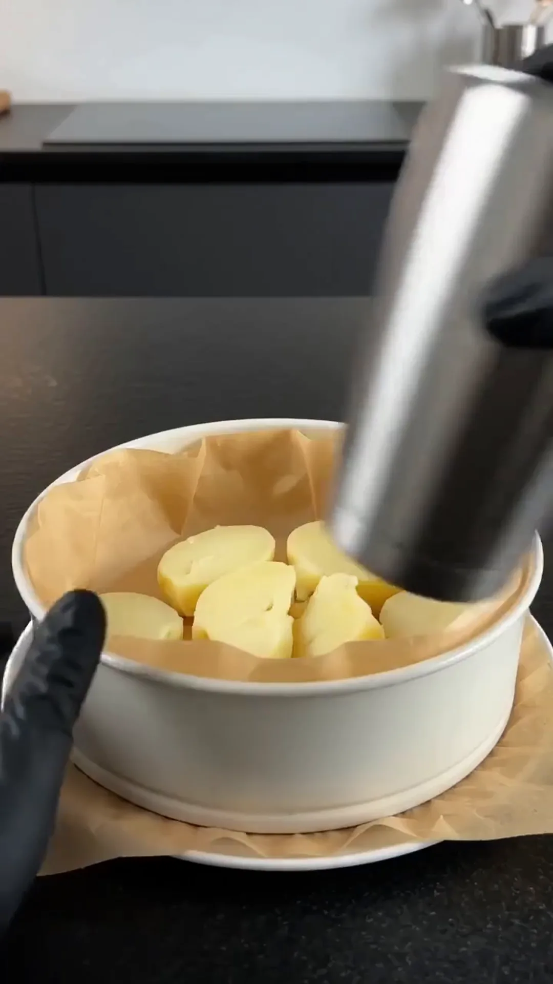 Hearty Cheesy Beef and Potato Crust Pie – potatoes being cooked