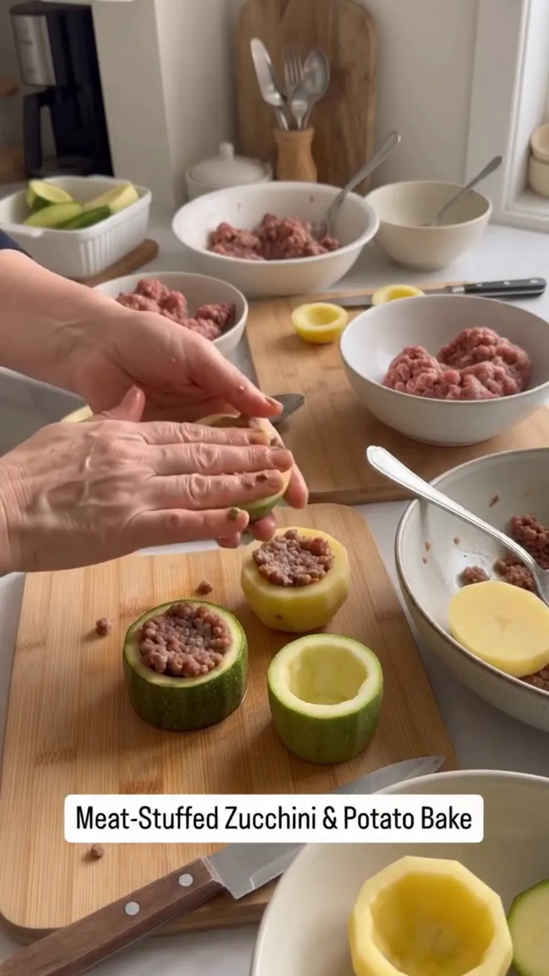 Hearty Meat-Stuffed Zucchini and Potato Bake – filling zucchini with meat mixture