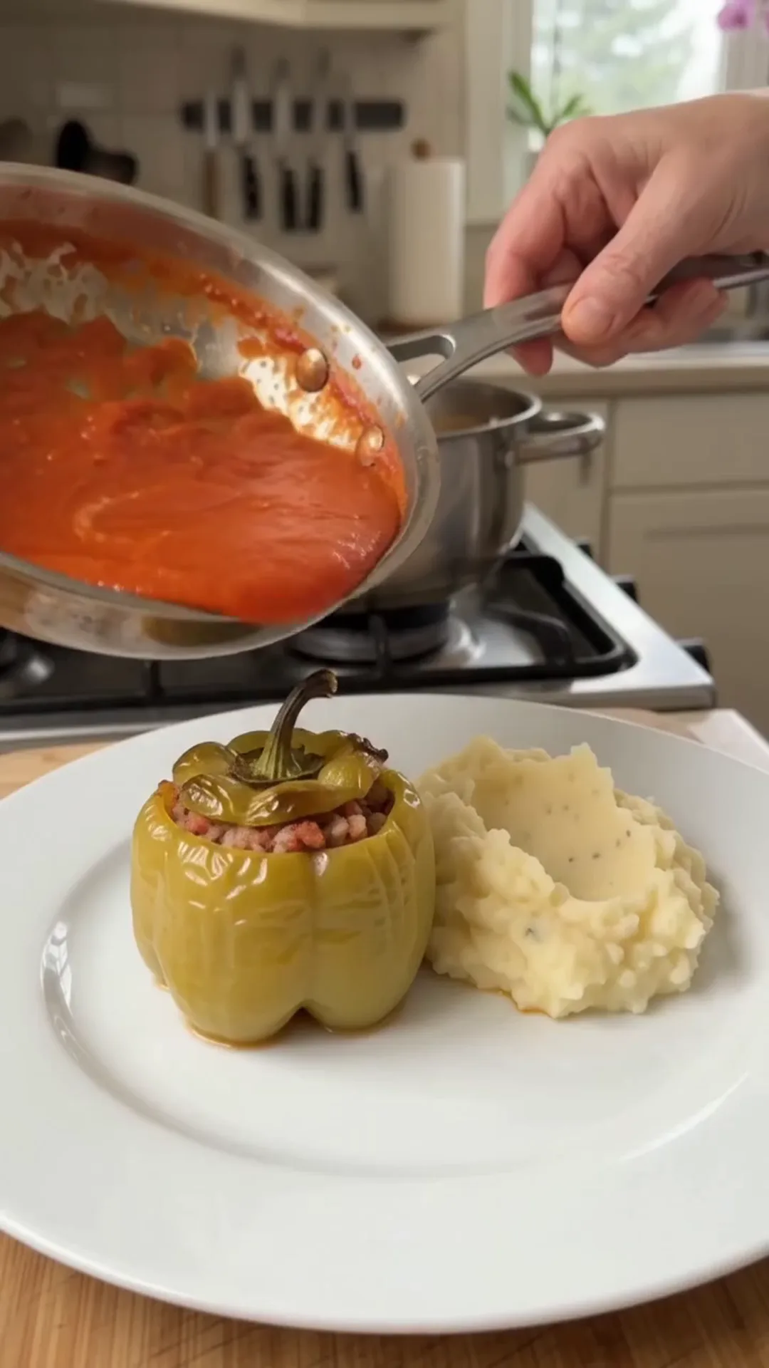 Hearty Stuffed Peppers with Beef and Rice over Mashed Potatoes – Pouring tomato sauce over stuffed pepper