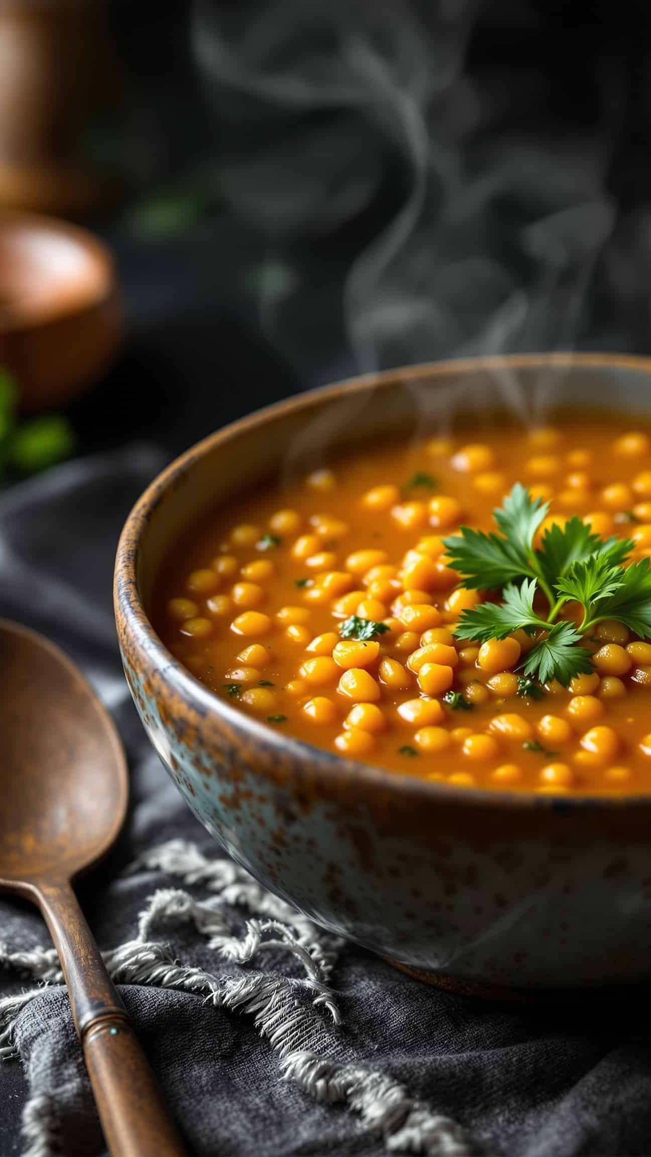 Close-up of vert-orange high fiber low calorie lentil soup with parsley.