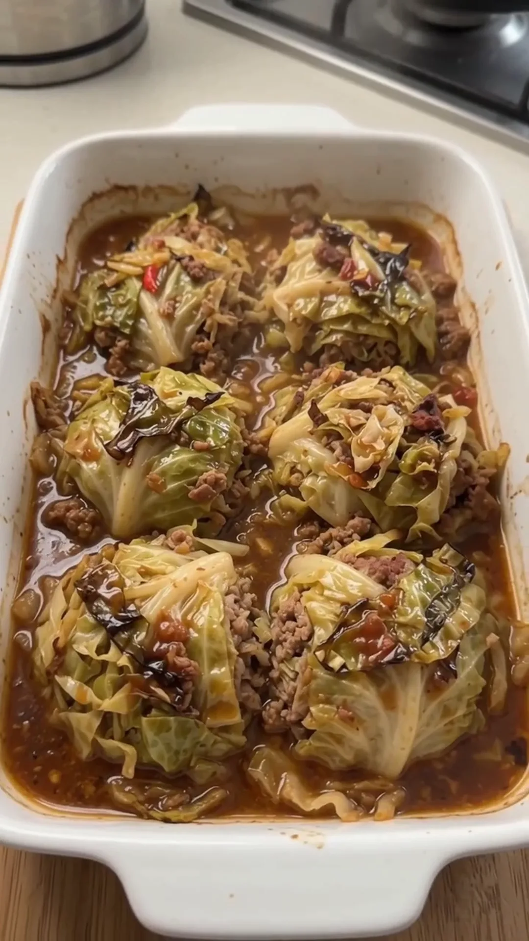 High Fiber Savory Cabbage and Ground Beef Skillet – Cooking cabbage rolls in a baking dish