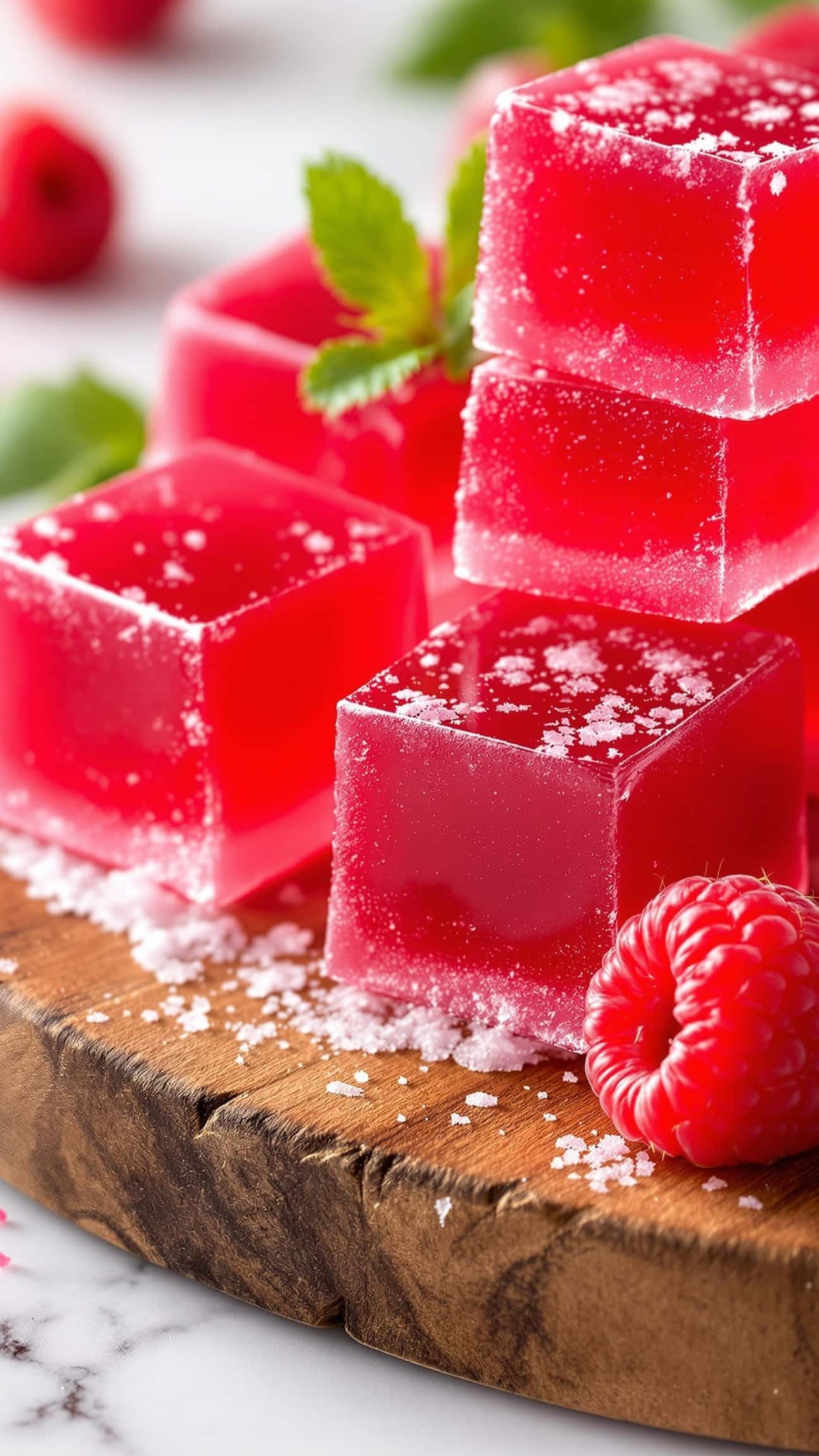 Close-up of jiggly rouge-rose jello cubes with a raspberry, jello hack weight loss recipe.