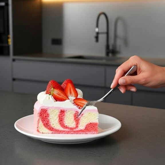 Strawberry jello poke cake slice with whipped cream and strawberries