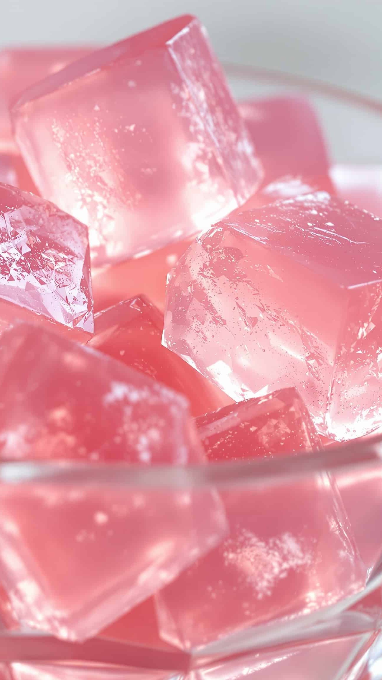 Close-up of rose-transparent Knox gelatin weight loss recipe cubes.