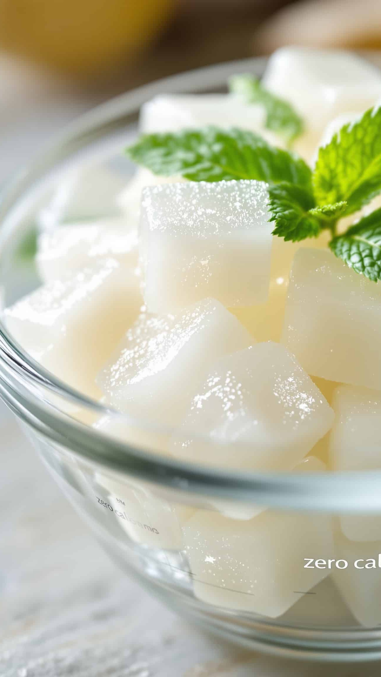 Close-up transparent-blanc konjac cubes for weight loss.
