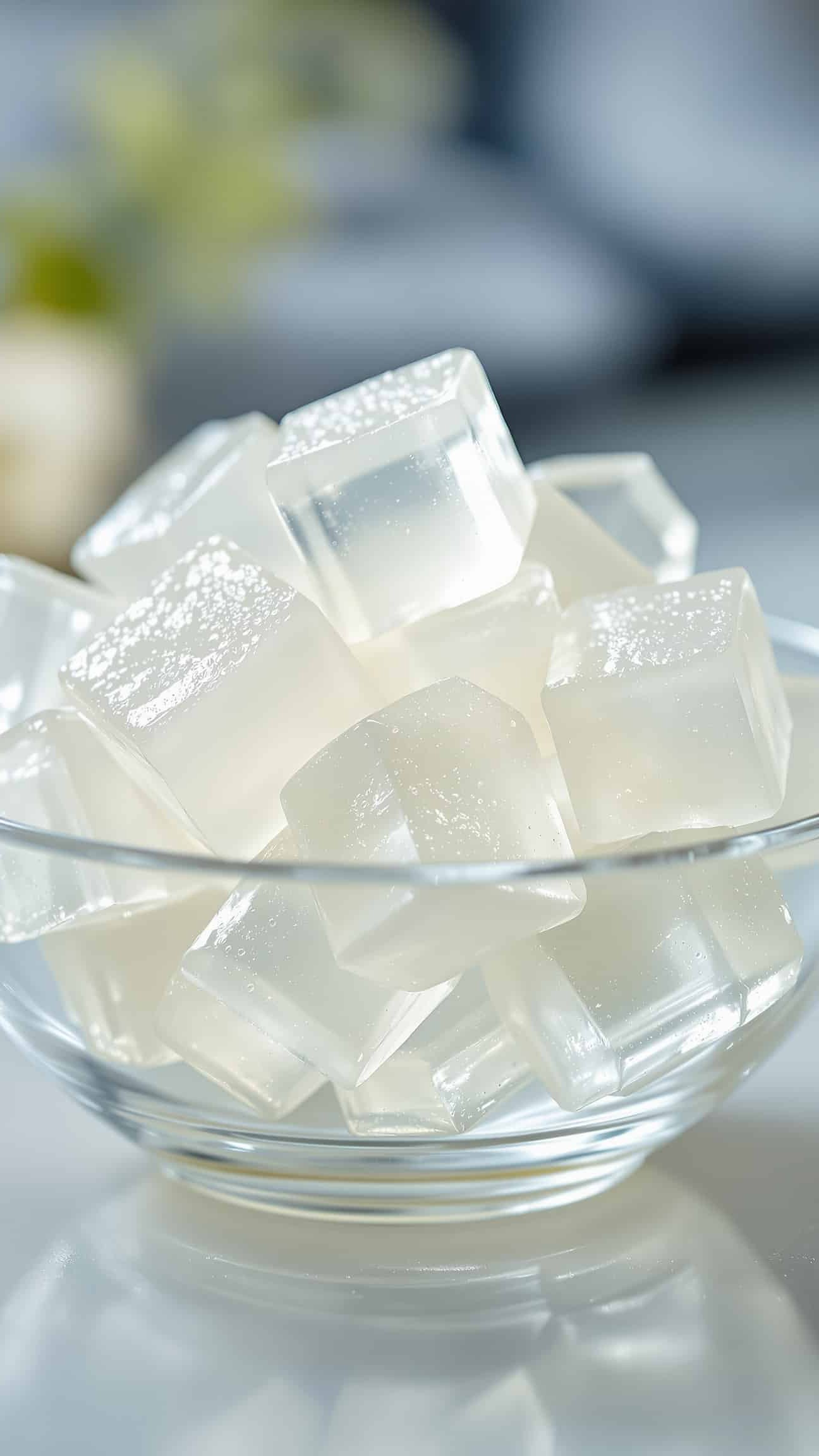 Close-up of jiggly transparent-blanc Korean agar agar cubes, a healthy weight loss recipe.