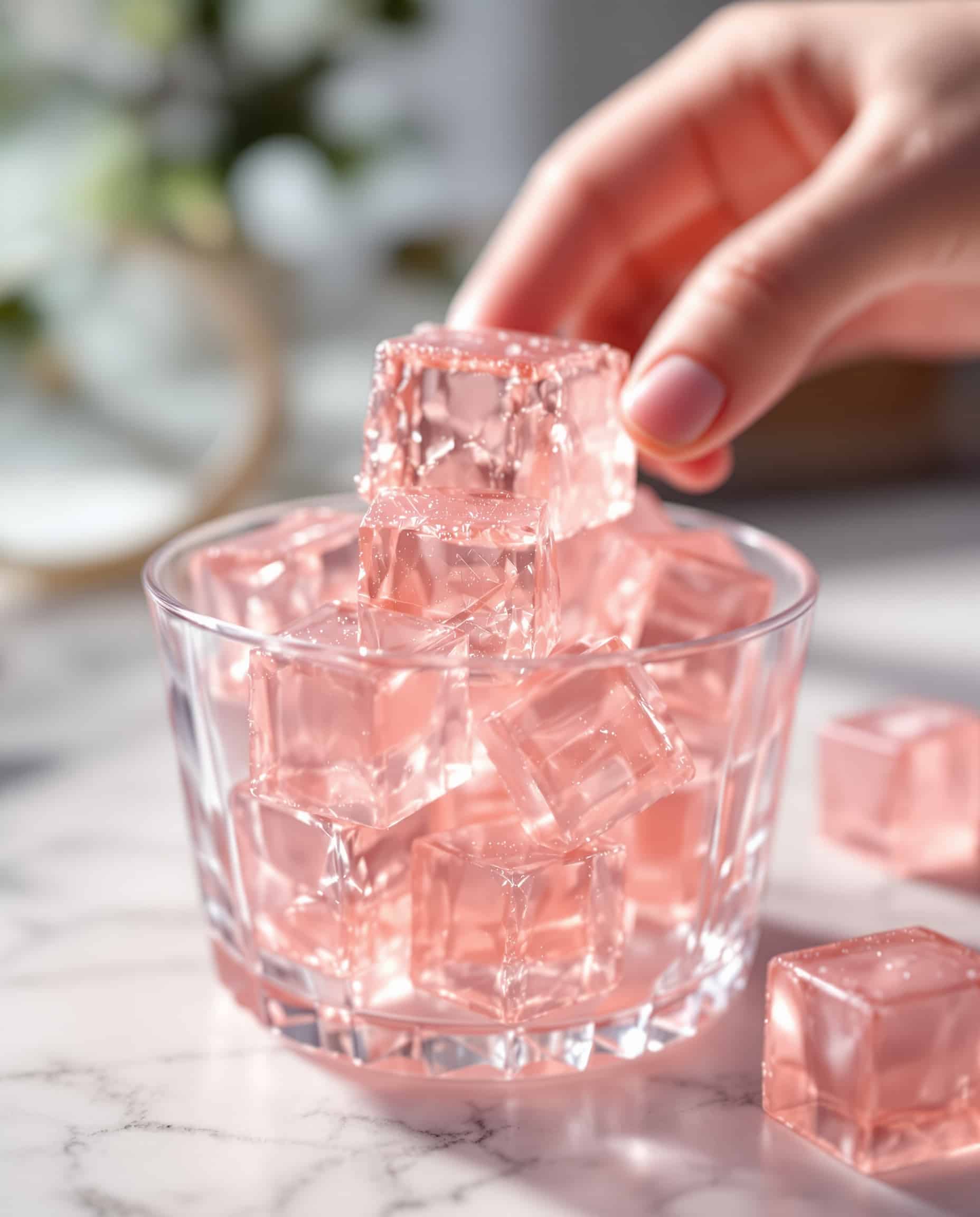 Close-up of rose-transparent jiggly cubes, Korean weight loss gelatin hack.