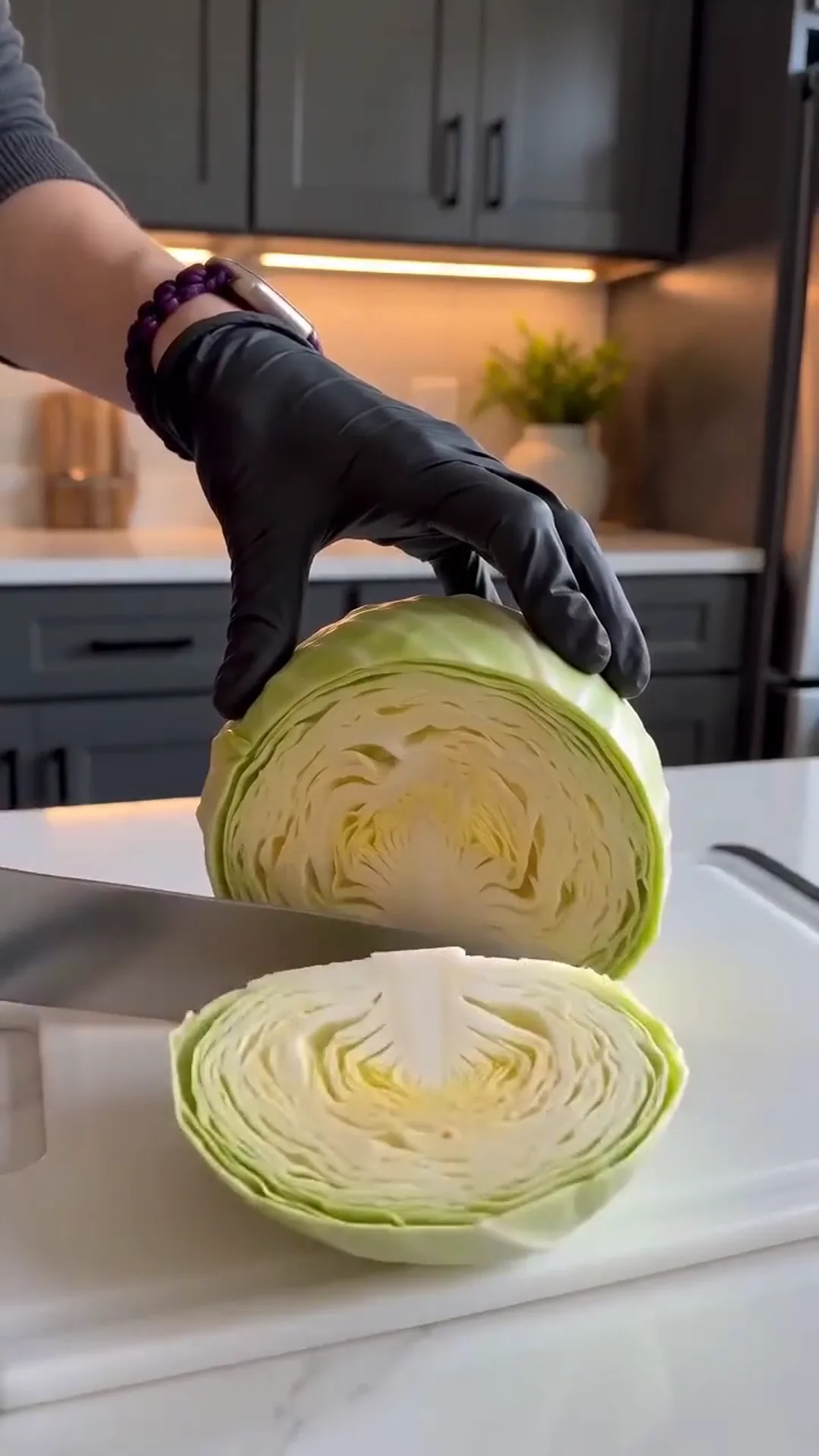 Loaded Taco Cabbage Steaks with Beef and Crema – cutting cabbage