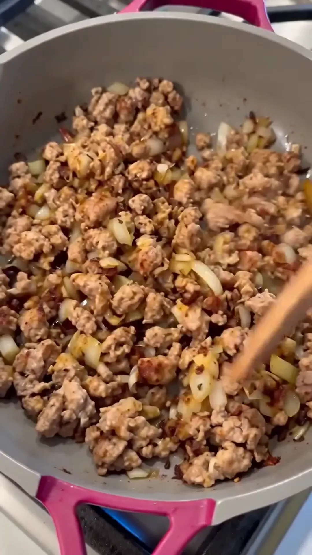 Loaded Taco Cabbage Steaks with Beef and Crema – cooking ground meat and onions in a pan
