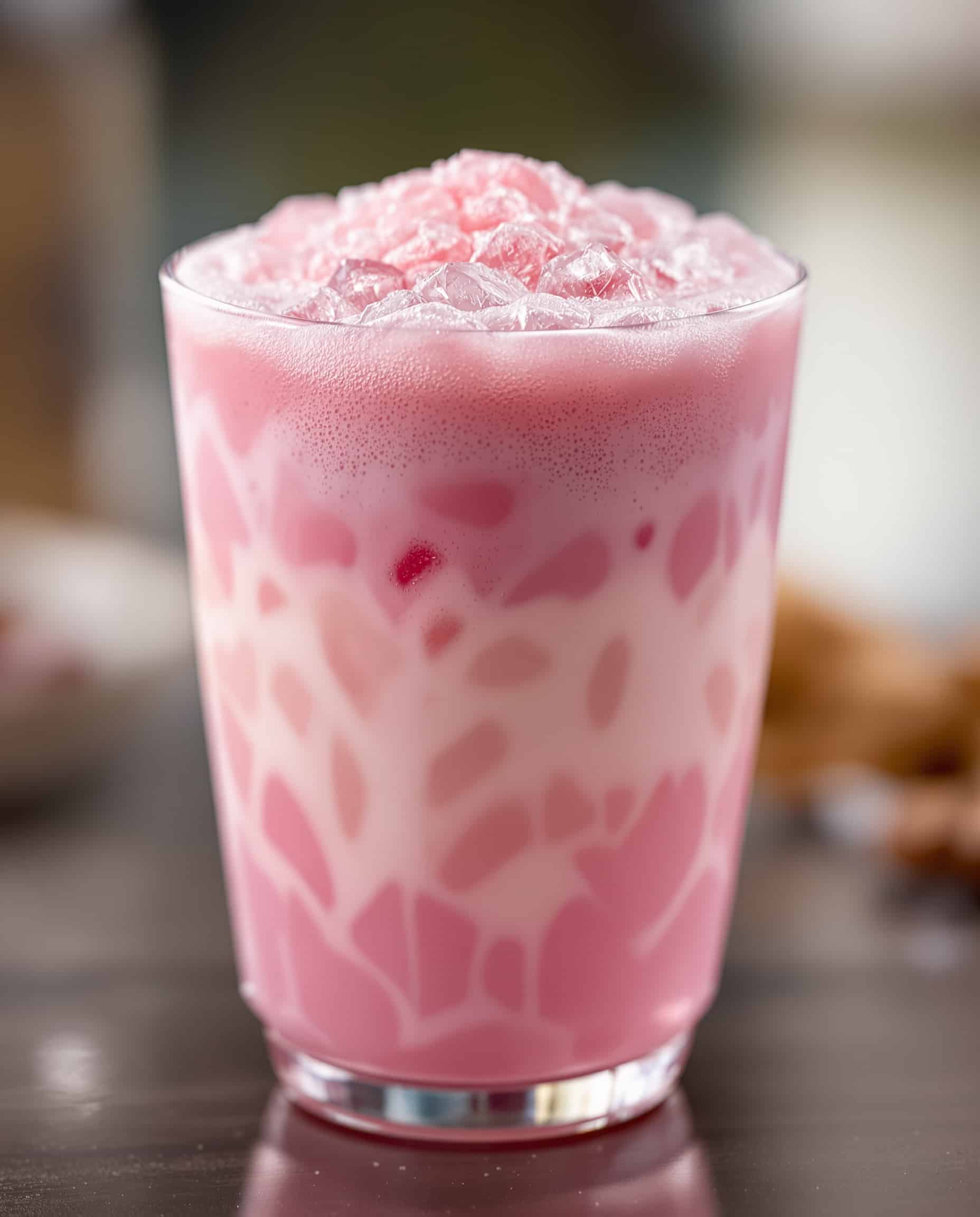 Close-up of pink frothy cold foam on an iced drink.