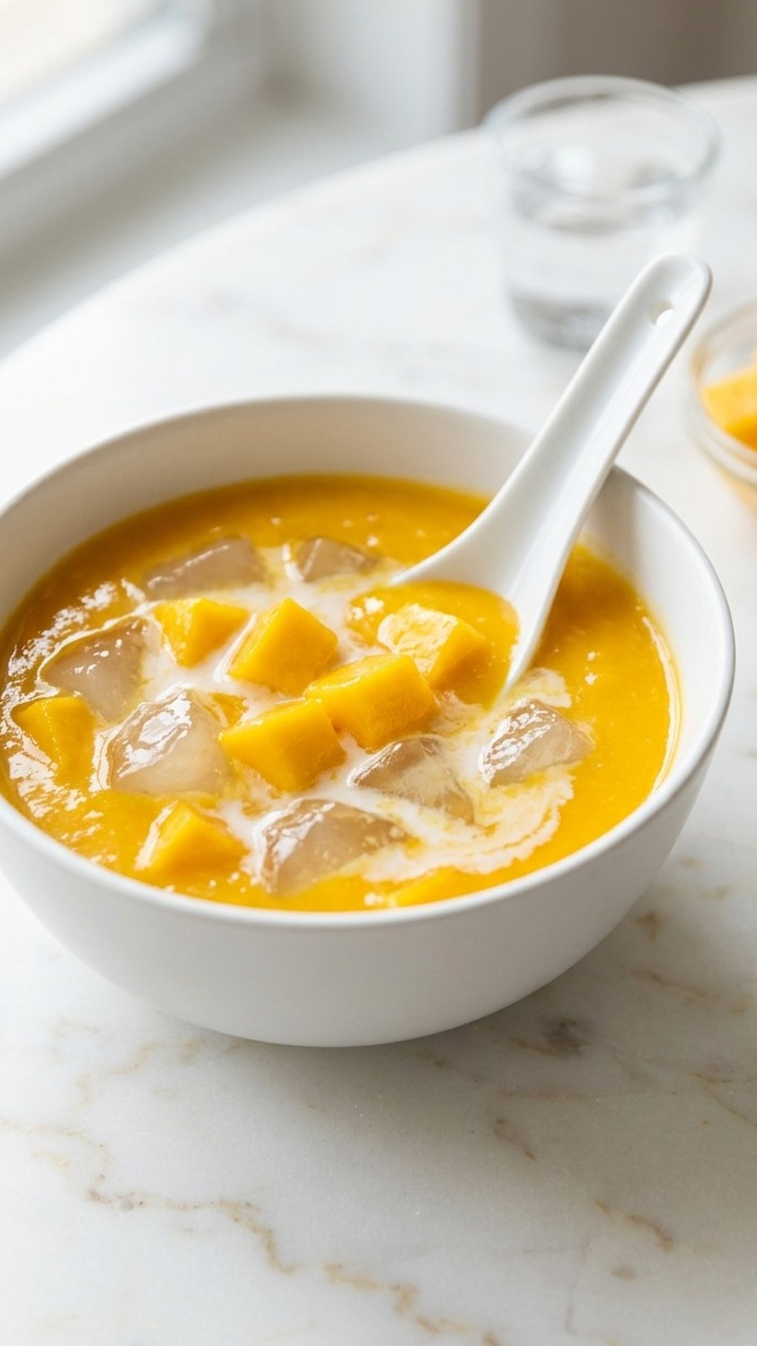 Close-up of blanc mango collagen smoothie with mango and powder garnish.