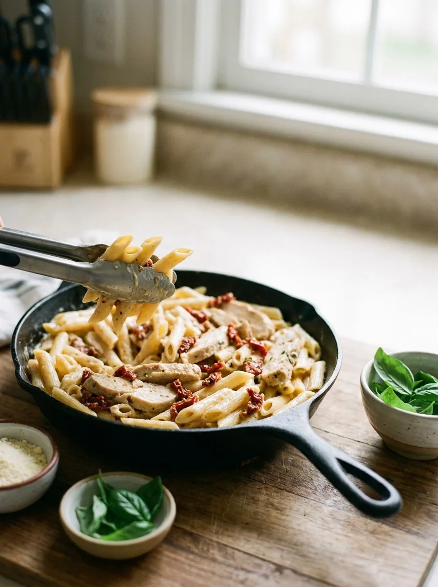 A bowl of penne coated in sun-dried tomato cream sauce topped with sliced seared chicken and torn basil