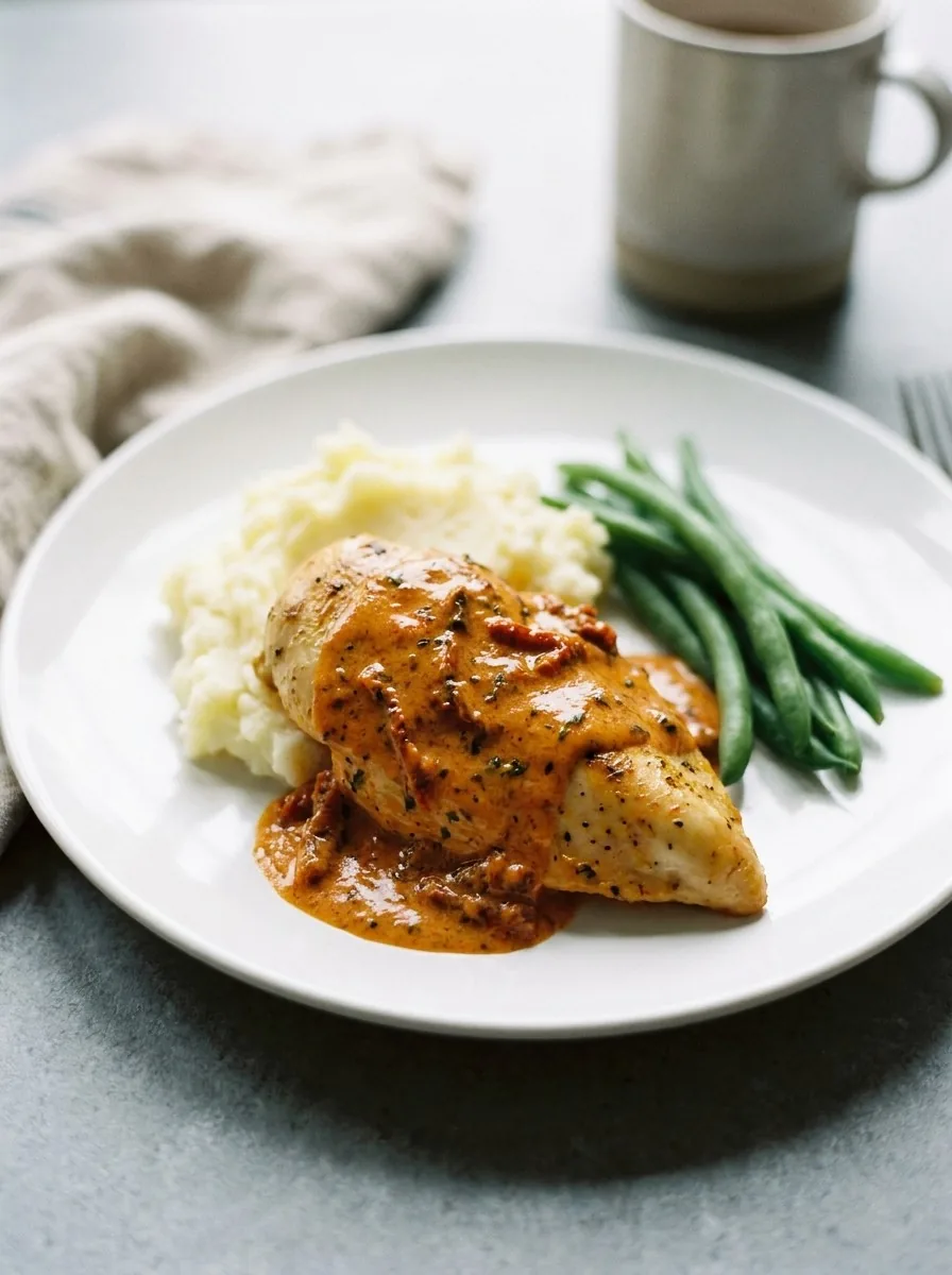 A chicken breast sliced open on a plate with creamy sun-dried tomato sauce spooned over it