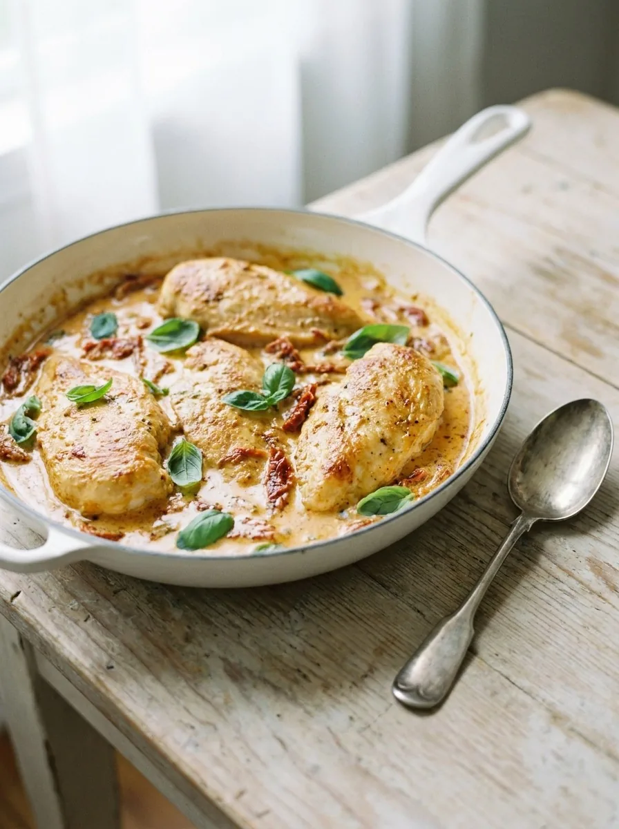 Golden chicken breasts in a creamy sun-dried tomato sauce in a black skillet, scattered with basil