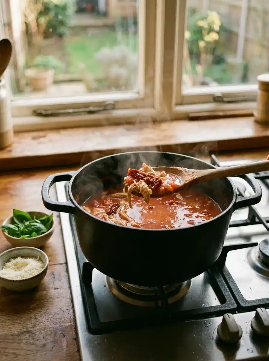 A cast iron pot of creamy tomato soup with chicken and sun-dried tomatoes, wooden spoon lifting a spoonful