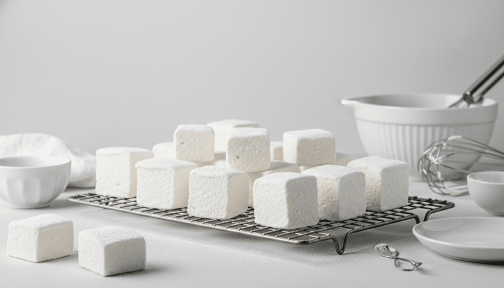 Marshmallow Recipe Without Gelatin with homemade gelatin-free marshmallow cubes cooling on a wire rack