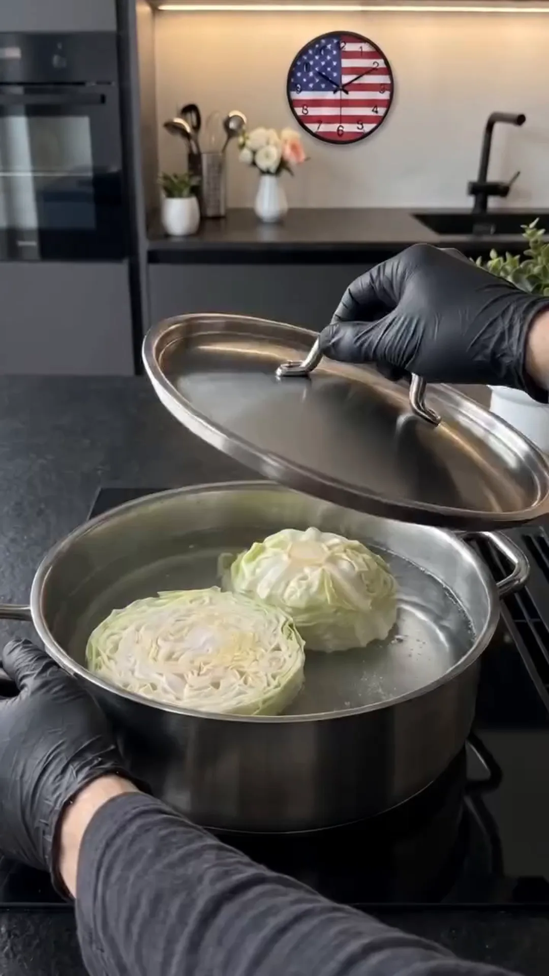 Miso Glazed Cabbage Flowers with Tahini and Cashews – Cooking cabbage in a pot on a stove