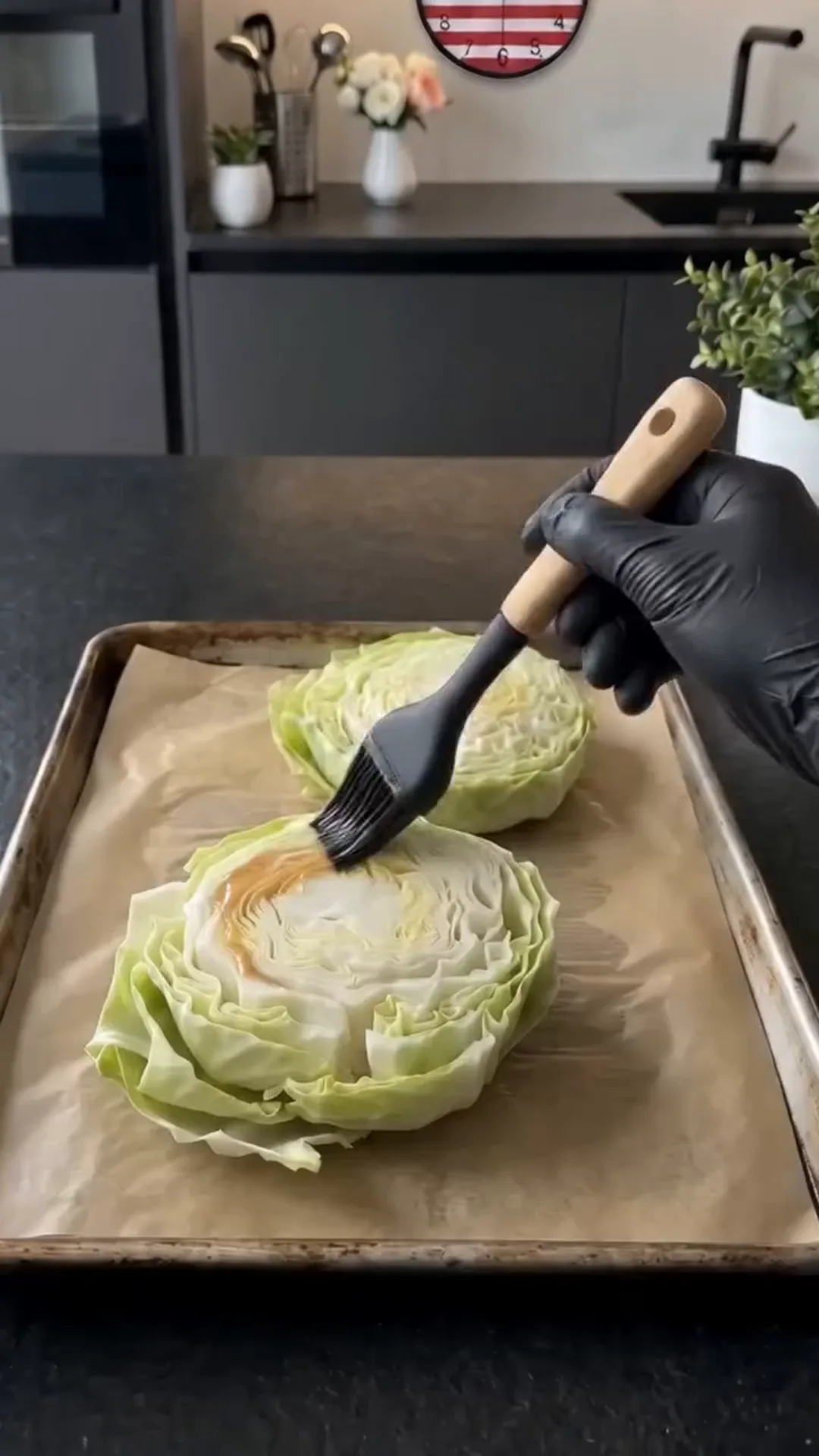 Miso Glazed Cabbage Flowers with Tahini and Cashews – brushing cabbage with oil or sauce