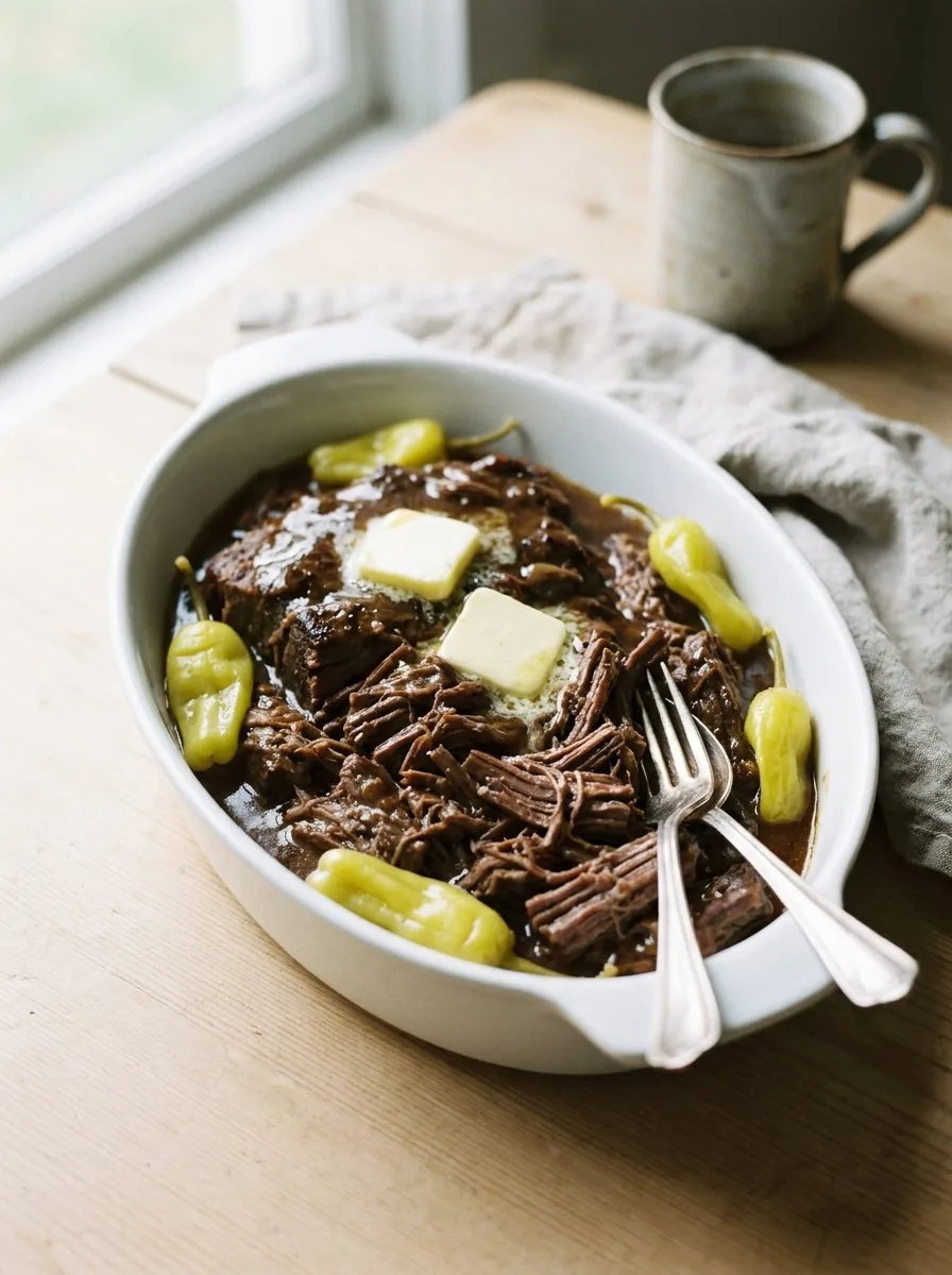 Shredded Mississippi pot roast in dark gravy with pepperoncini peppers on a white serving dish