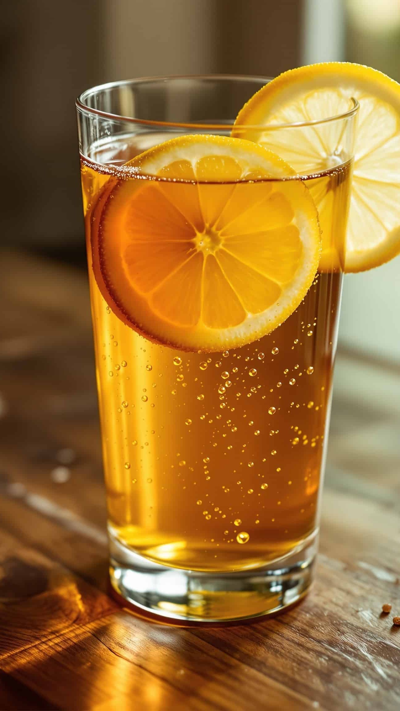 Close-up of ambre-doré morning ACV ritual with lemon.