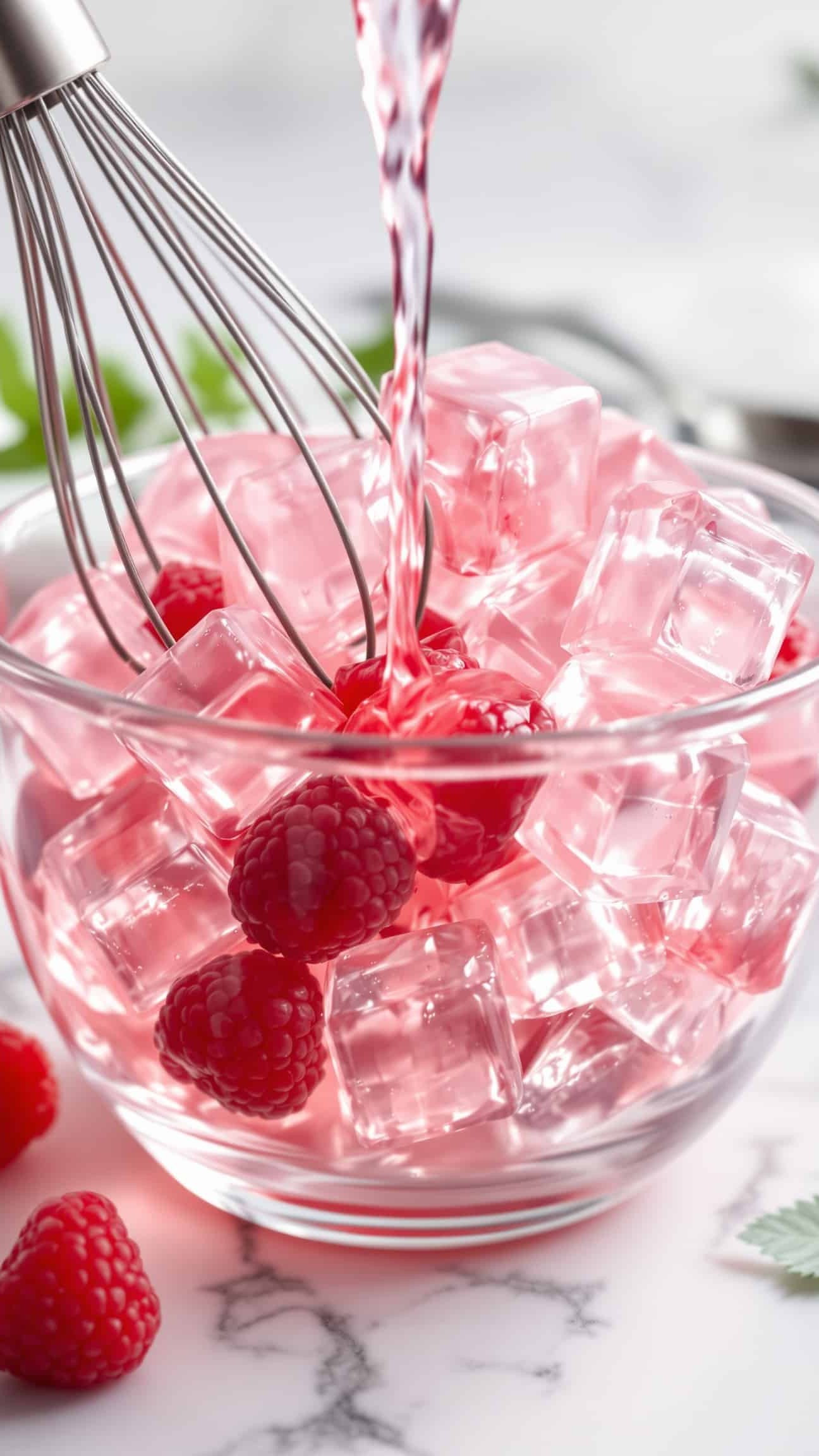 Close-up of pink gelatin trick ingredients, showing jiggly texture.