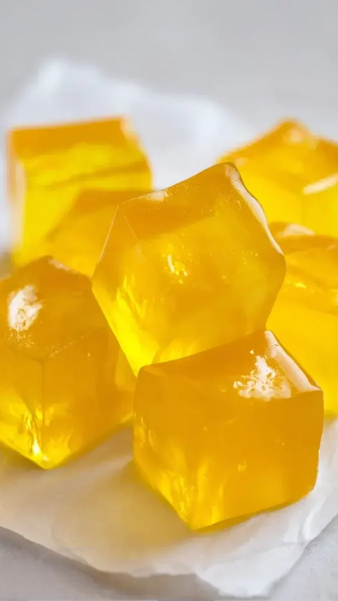 Extreme close-up of a single serving of pink gelatin, showing its smooth, translucent texture and fresh berry garnish.