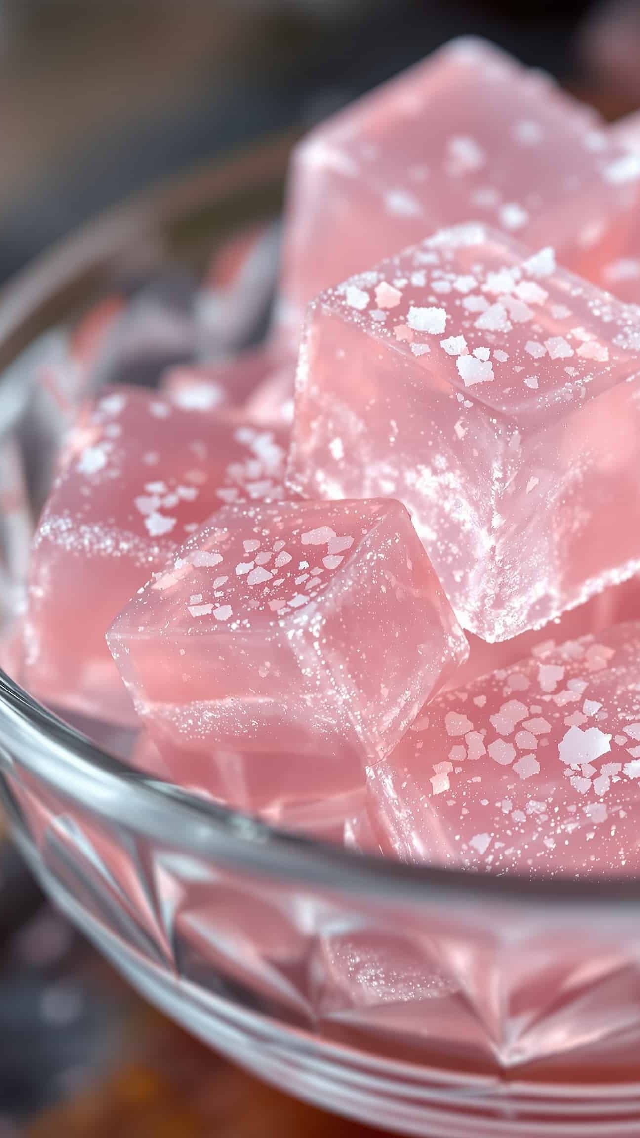 Close-up of jiggly rose-transparent pink Himalayan salt gelatin cubes.