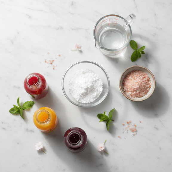 Ingredients of Pink Salt Jello Trick Flat lay of gelatin powder, fruit juices, water, salt, and mint arranged on a marble surface