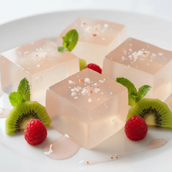 Translucent gelatin cubes garnished with raspberries, kiwi slices, and fresh mint on a white plate
