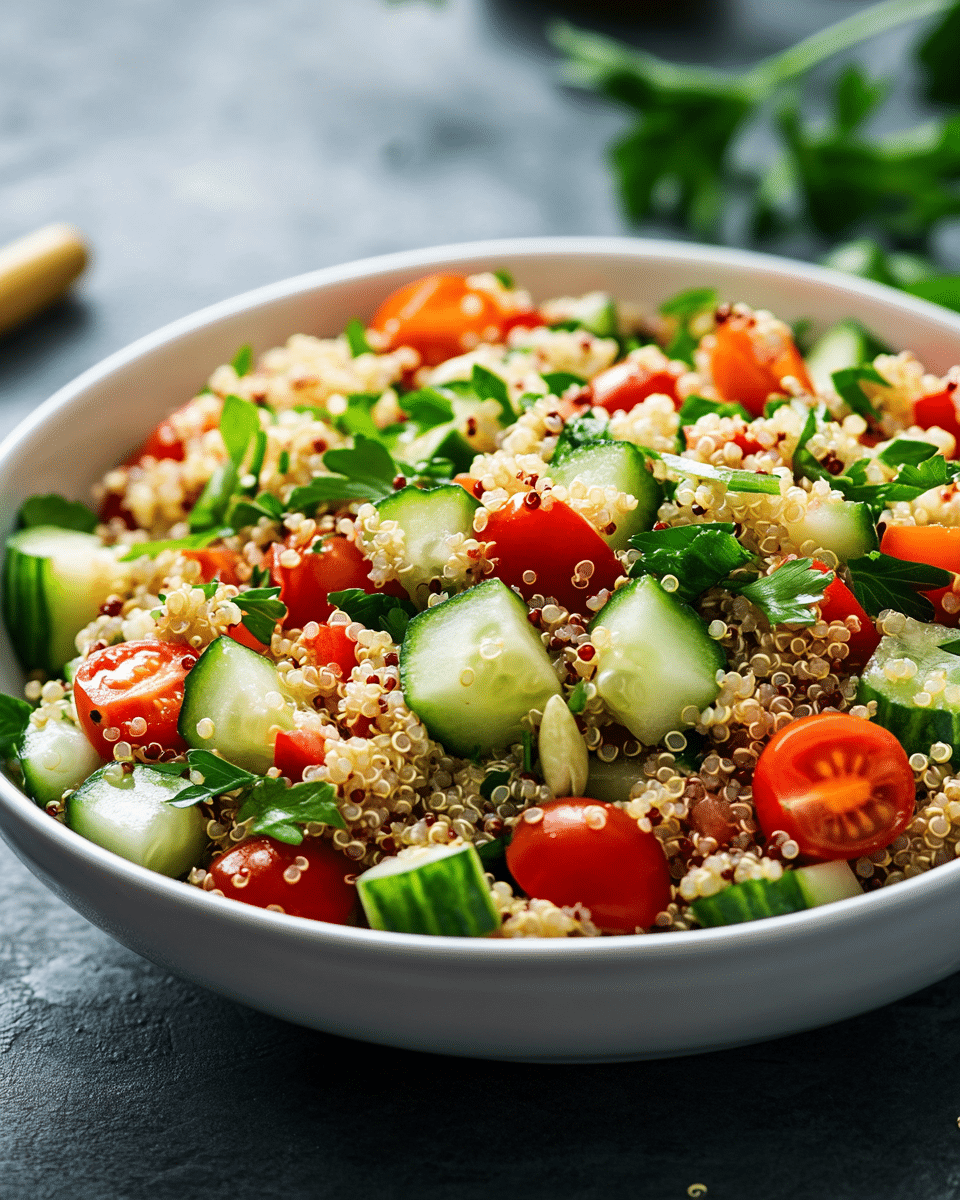 Close-up of quinoa salad ingredients
