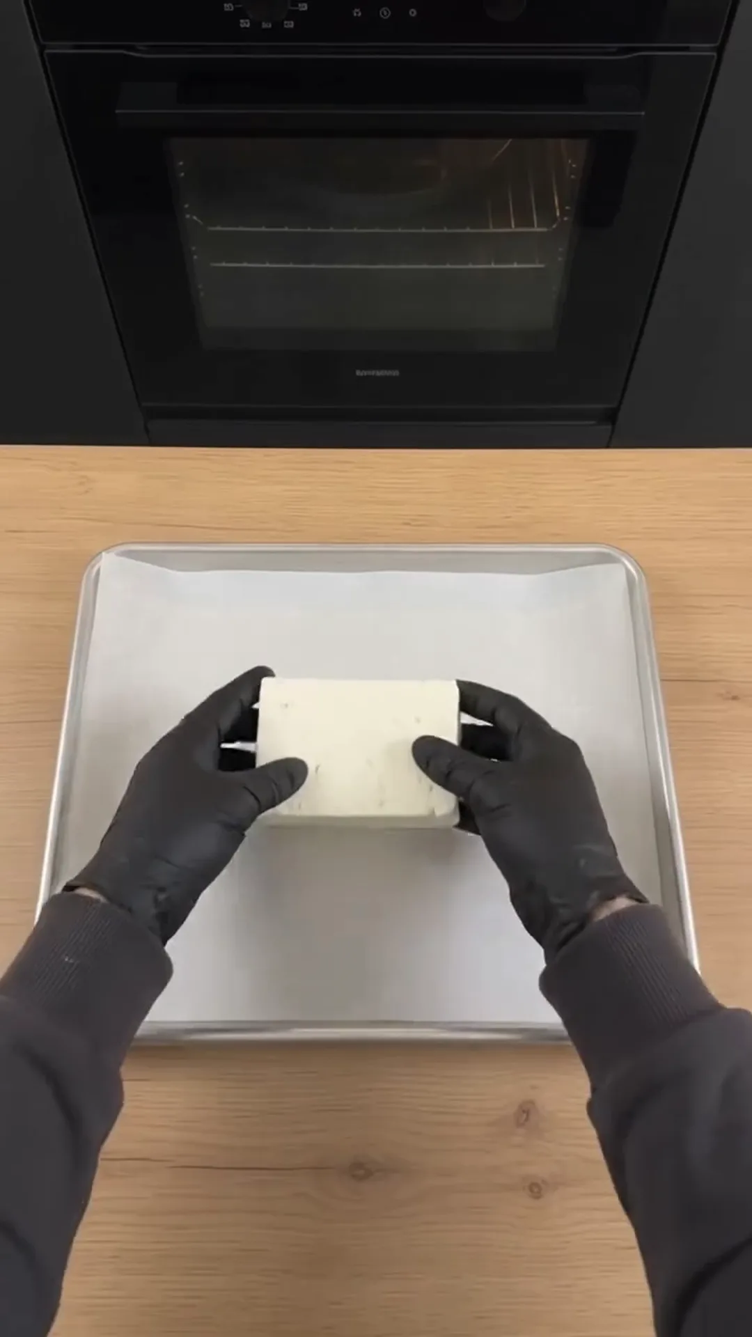 Roasted Broccoli and Feta Soup with Roasted Garlic – placing a block of cheese on a baking tray