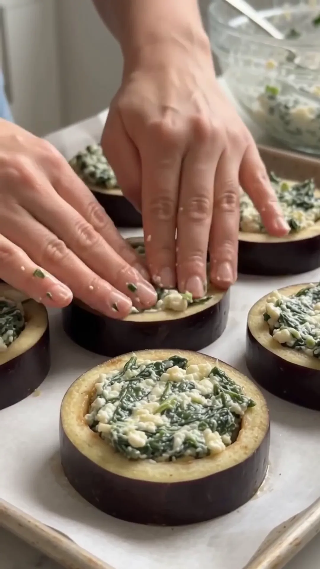 Roasted Spinach and Cheese Stuffed Eggplant Rounds – filling eggplant slices with a mixture of cheese and greens