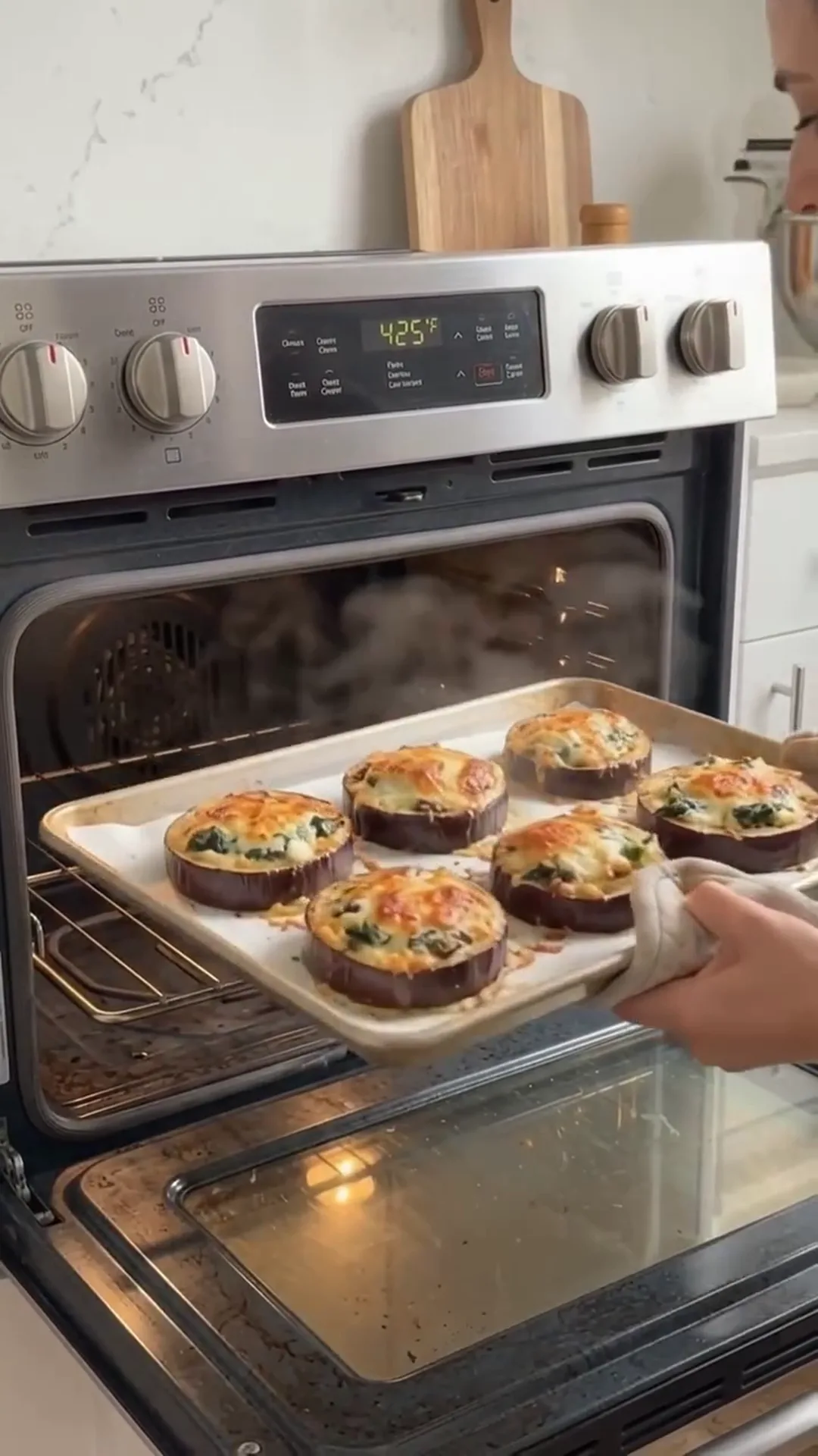 Roasted Spinach and Cheese Stuffed Eggplant Rounds – Baking and Serving