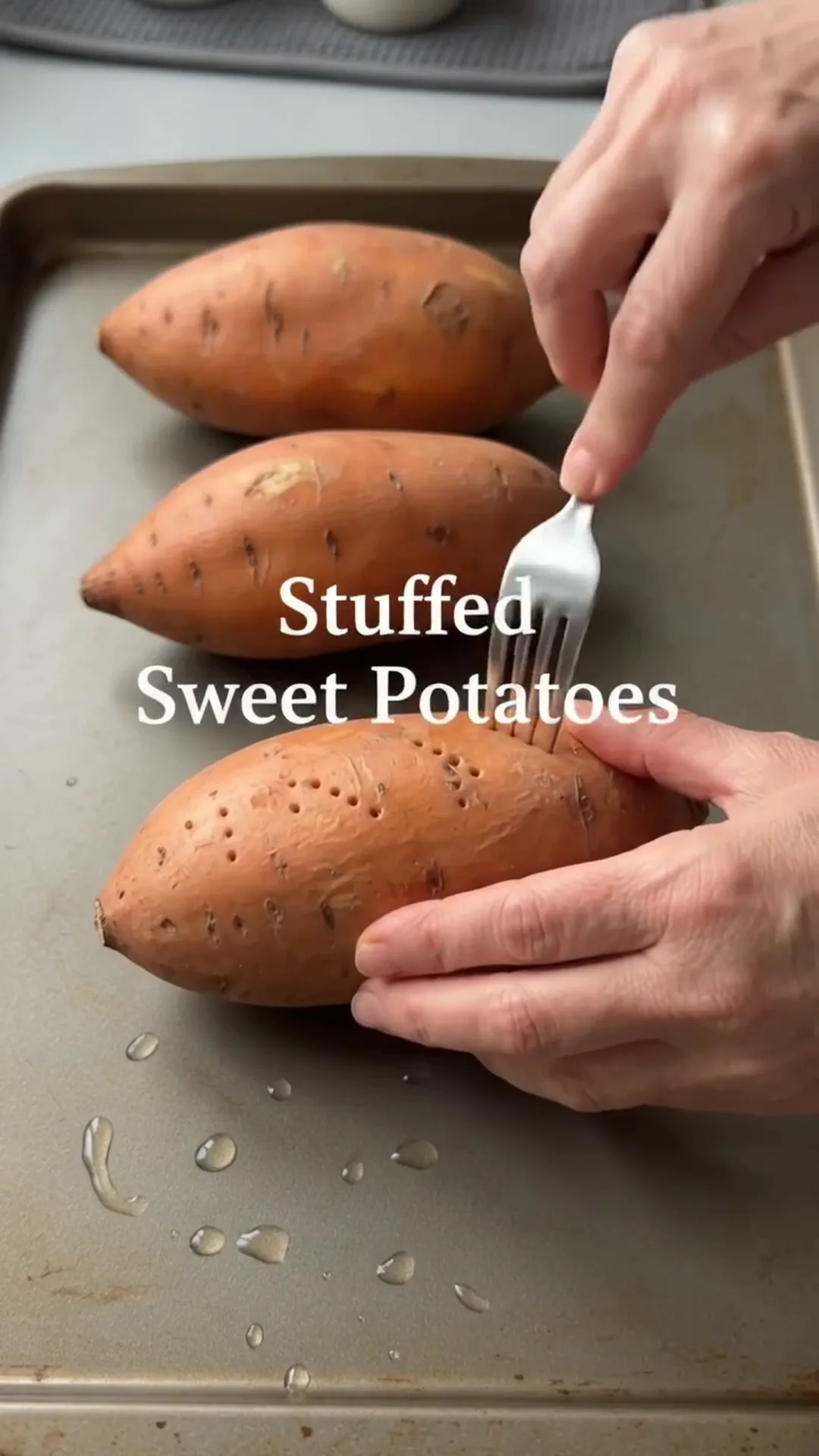 Roasted Stuffed Sweet Potatoes with Seasoned Beef and Corn – Someone is cutting open a sweet potato