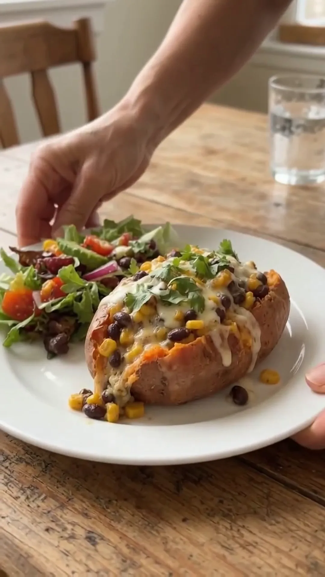 Roasted Stuffed Sweet Potatoes with Seasoned Beef and Corn – person placing a salad next to a baked sweet potato
