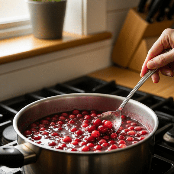 Creative Jello Desserts with cranberries simmering in a saucepan during gelatin preparation