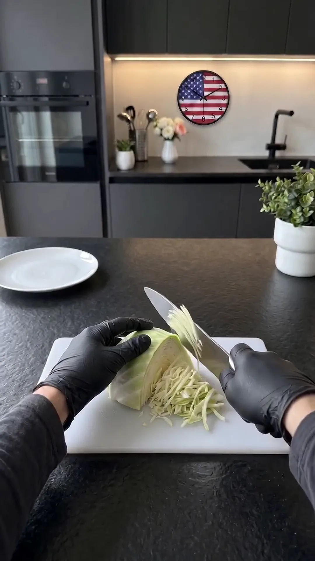 Savory Pan-Seared Cabbage and Ground Chicken Skillet Recipe – person cutting cabbage on a white cutting board
