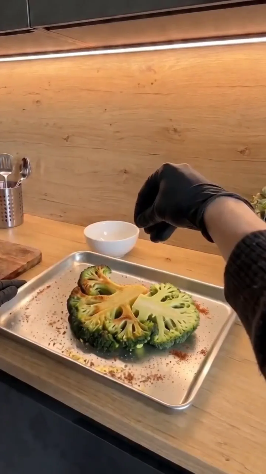 Seared Broccoli Steaks with Chimichurri and Butter Bean Purée – roasting broccoli on a baking tray