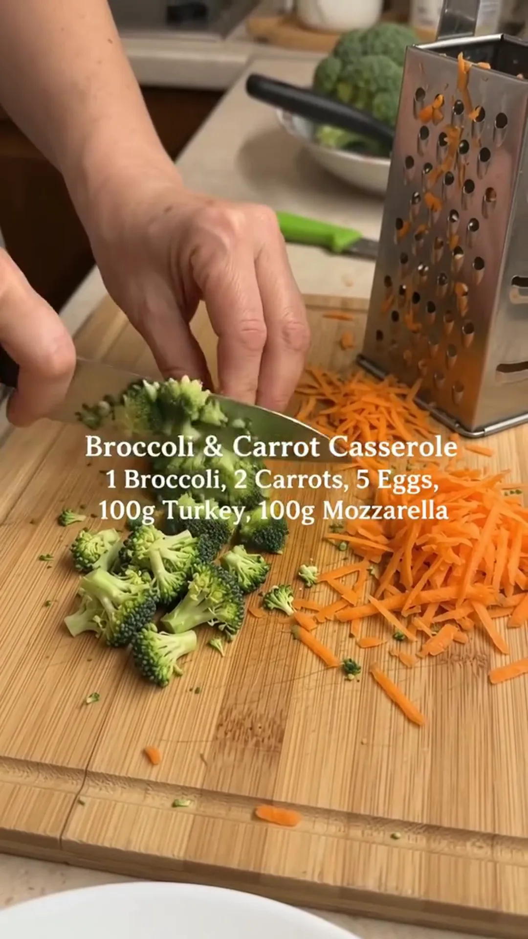 Smoked Turkey and Broccoli Egg Frittata Bake – Someone is grating carrots and broccoli on a cutting board