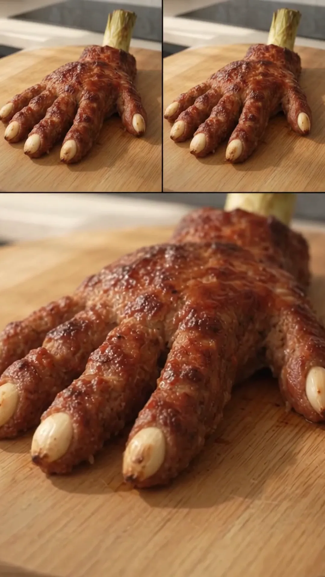 Spooky Halloween Hand Meatloaf Centerpiece – A hand made of meat is being cooked in the oven