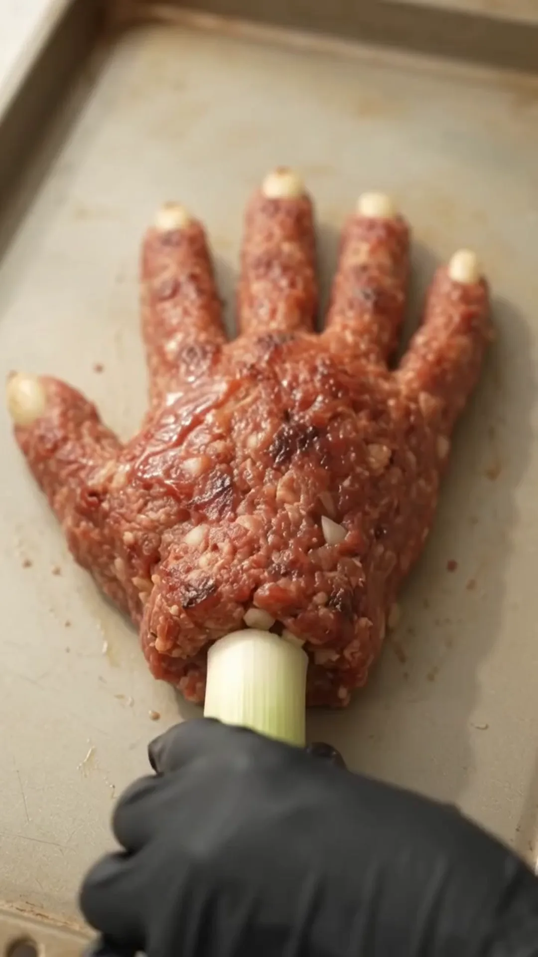 Spooky Halloween Hand Meatloaf Centerpiece – A hand-shaped meat mixture is being prepared for cooking