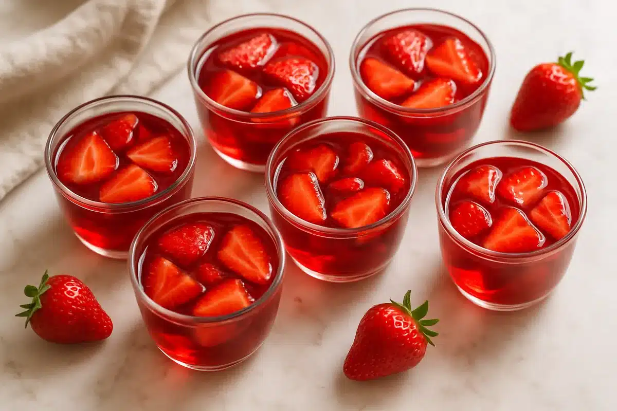Six glass cups of ruby-red strawberry gelatin topped with sliced fresh strawberries on a marble counter