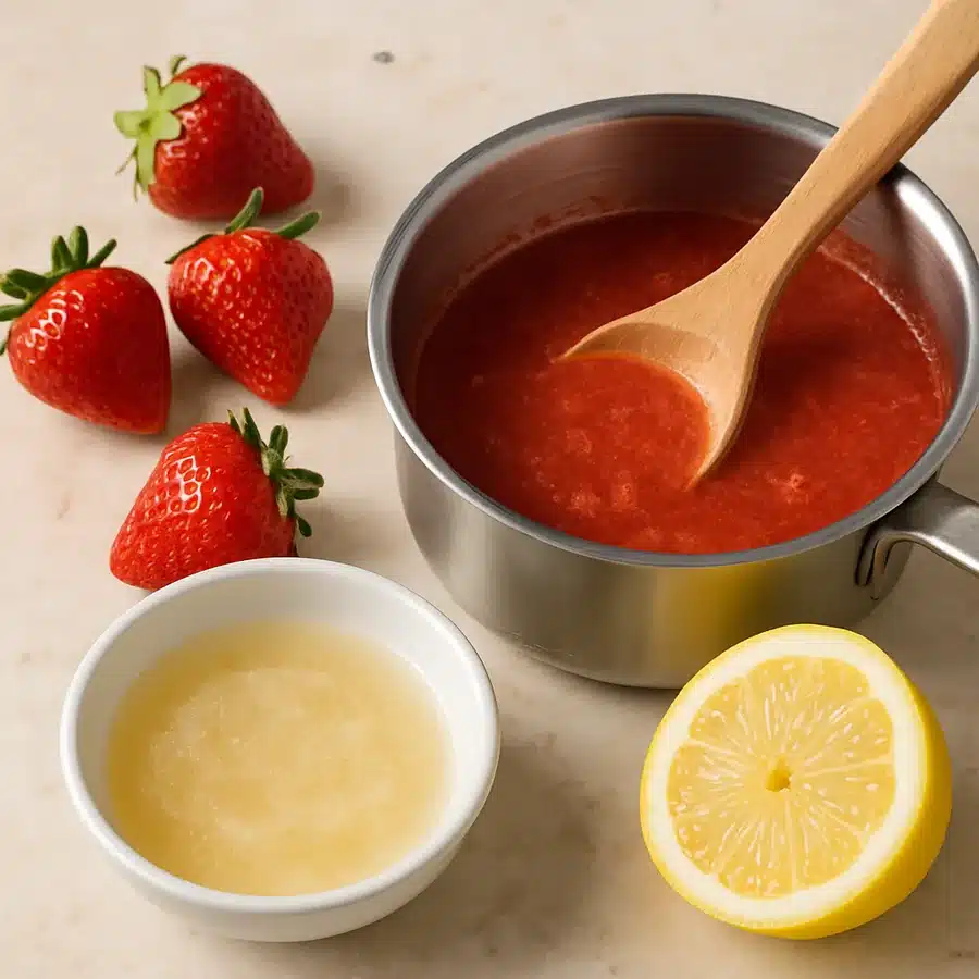 Bloomed gelatin in a bowl of cold water next to a saucepan of warm strawberry puree