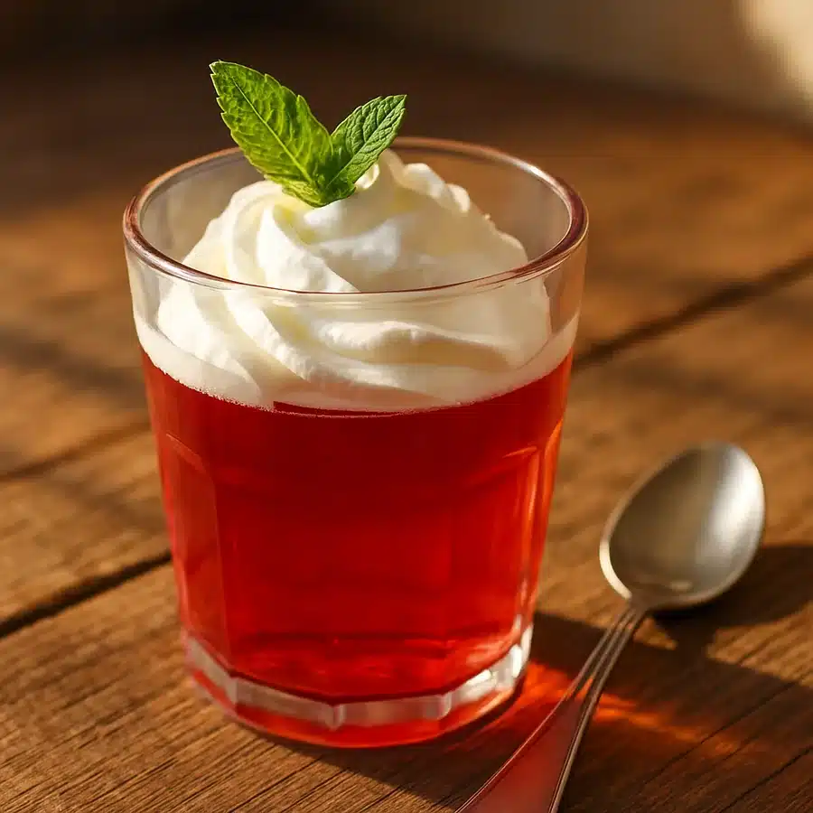 A glass of set strawberry gelatin topped with whipped cream and a mint leaf