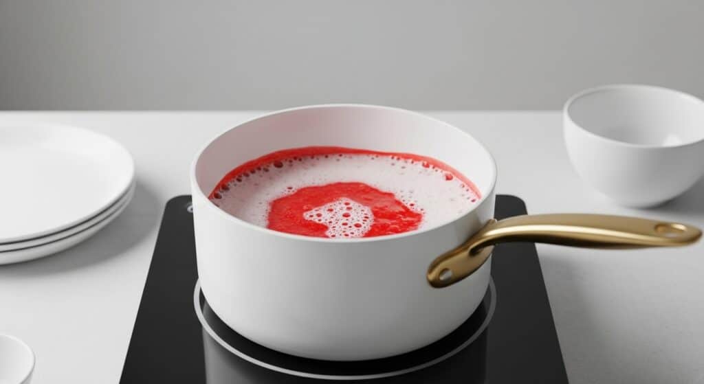Strawberry Gelatin Gummy Recipe cooking process with strawberry liquid simmering in a saucepan on a stovetop