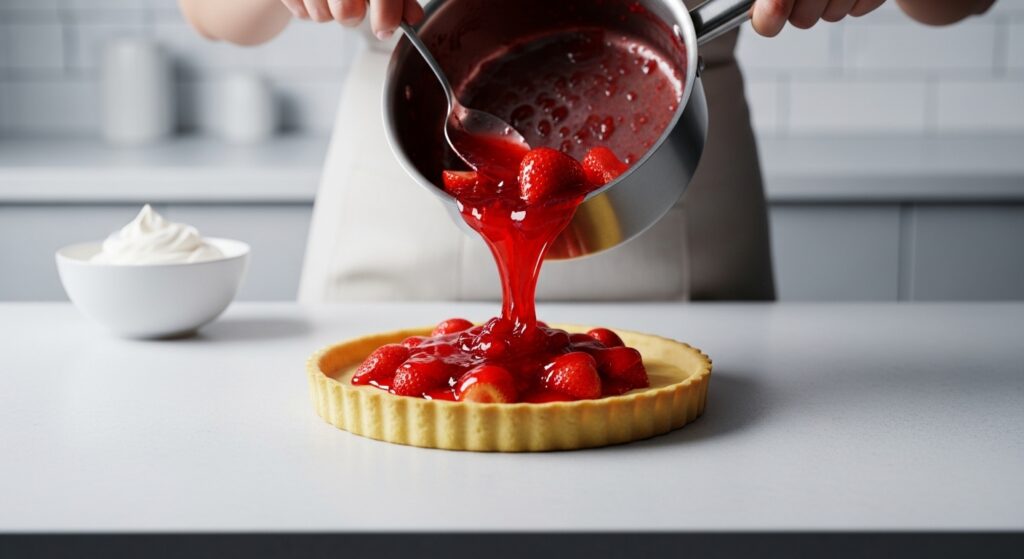 Gelatin Powder In Desserts strawberry gelatin mixture being poured from a saucepan over strawberries in a tart crust