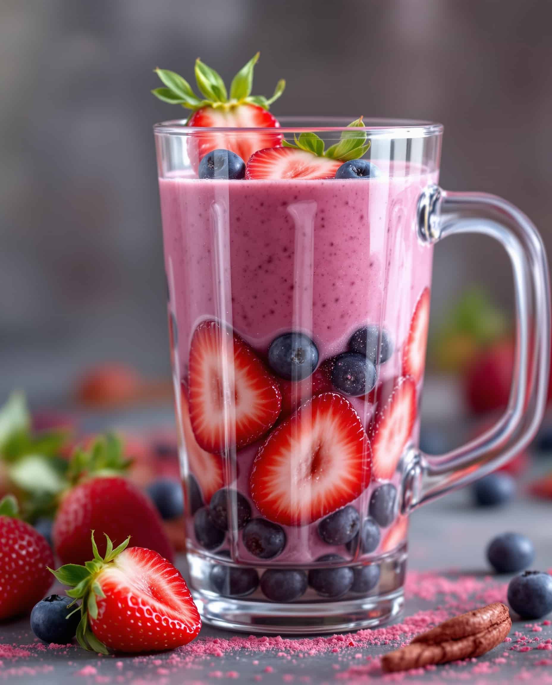 Close-up of a violet-rose strawberry smoothie with berry and strawberry slices.