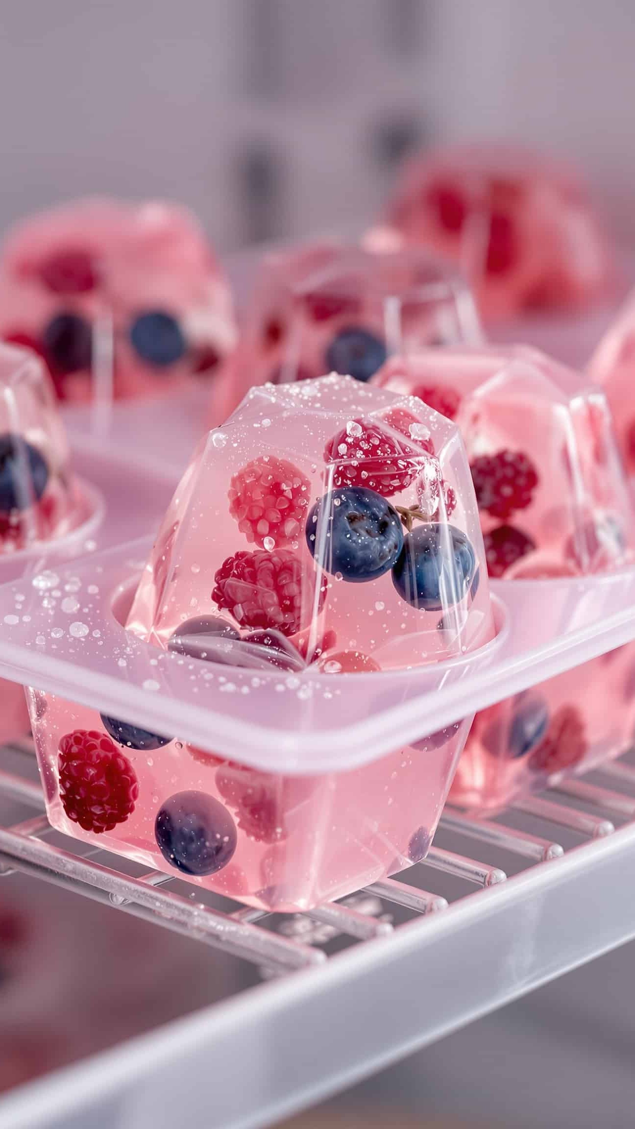 Close-up of jiggly rose-transparent sugar free gelatin snack with berries.