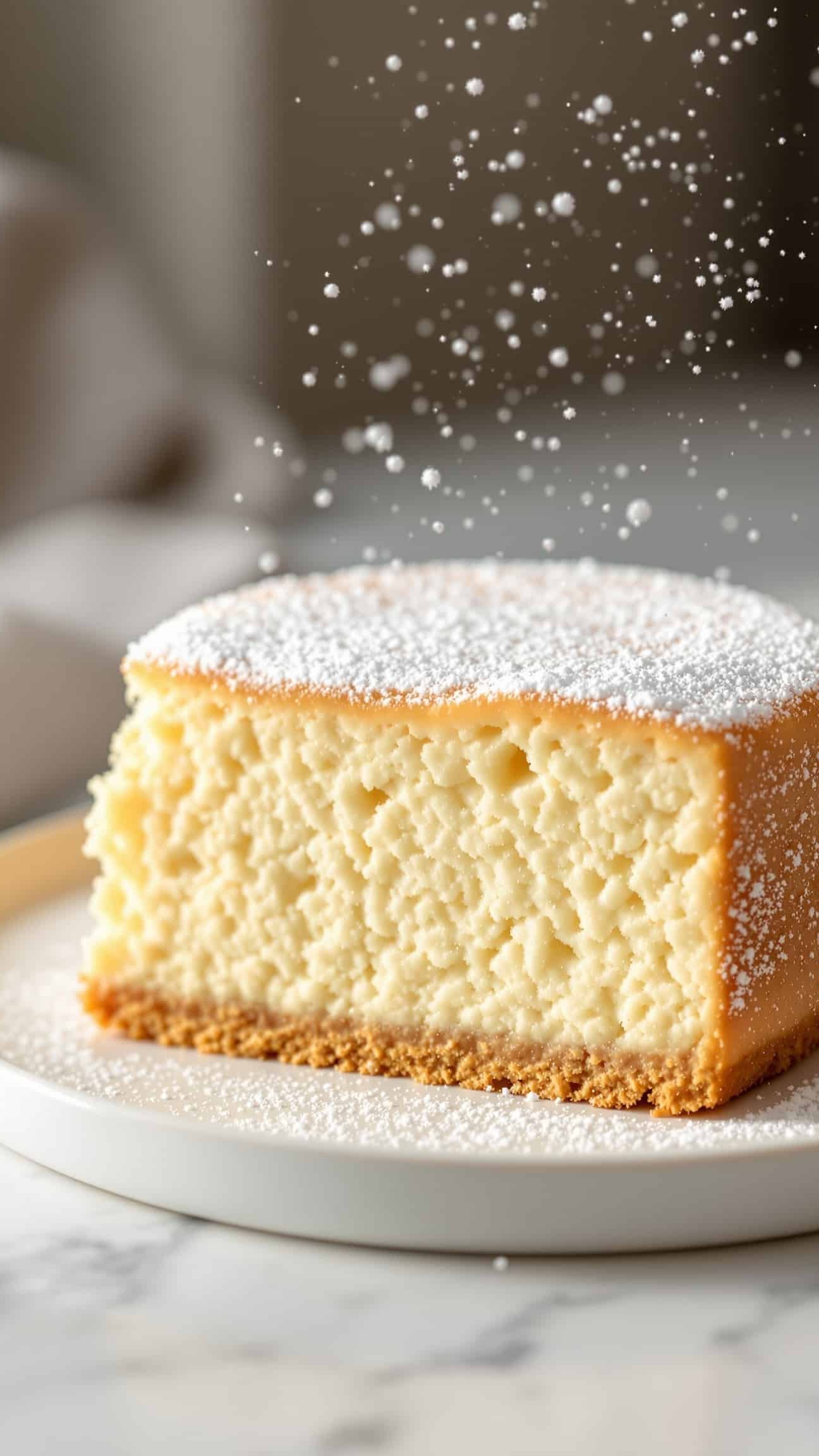 Close-up of beige-doré fluffy jiggly two-ingredient Japanese cheesecake texture.