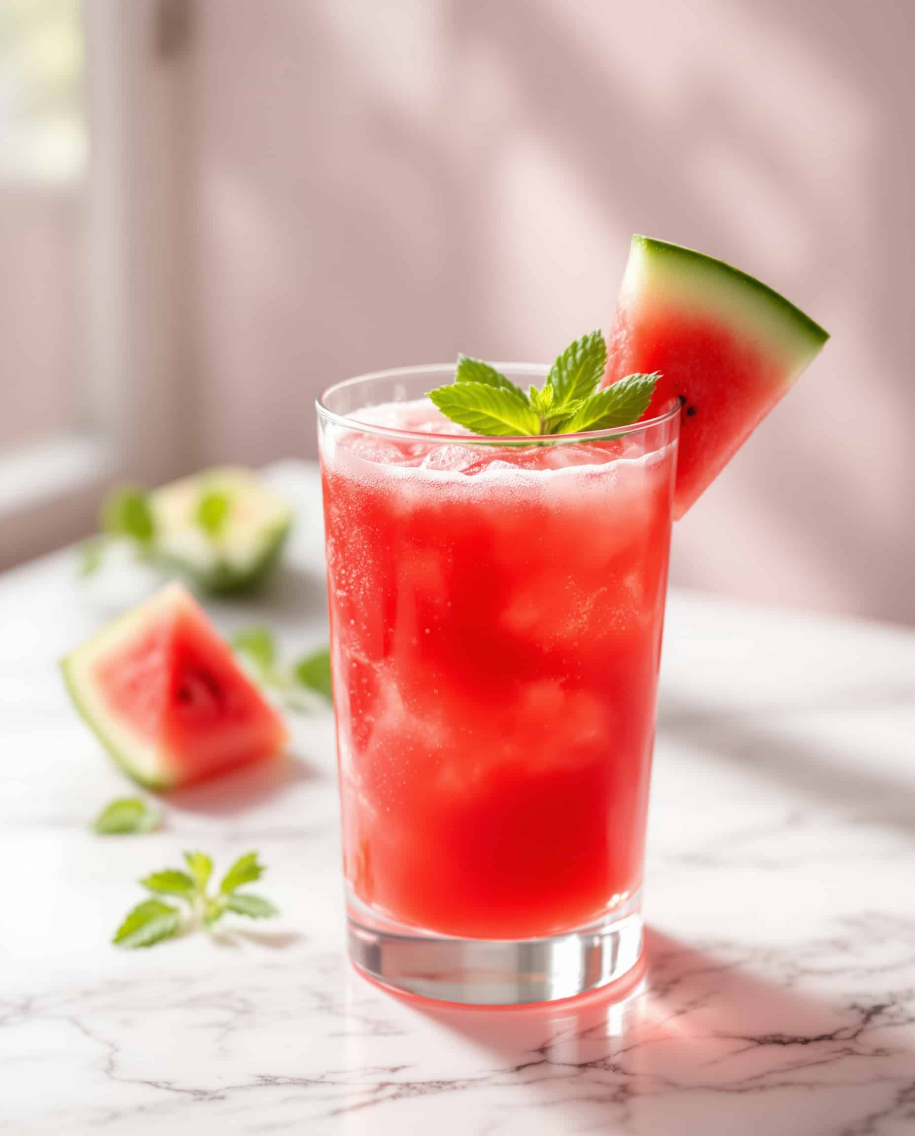 Close-up of rouge-vert watermelon anti-inflammatory juice with mint.